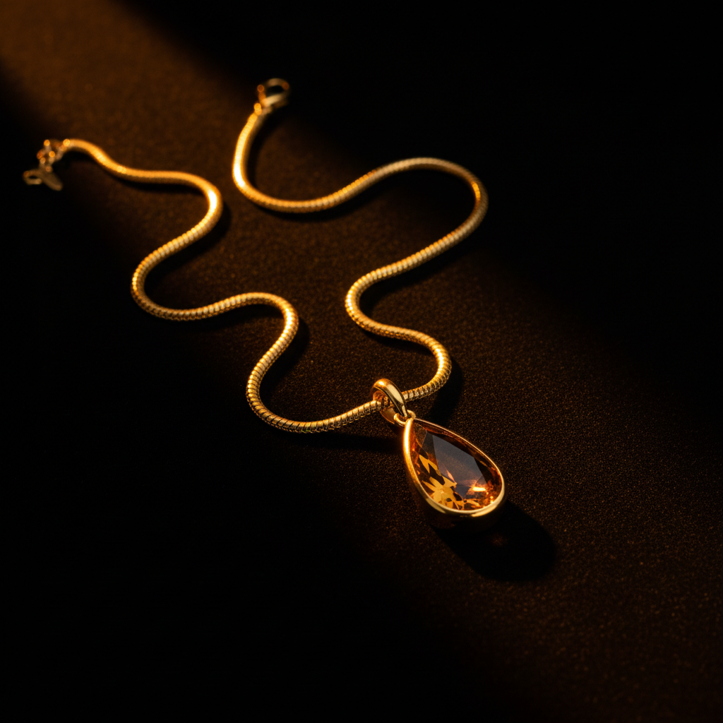 Gold pendant necklace on black background